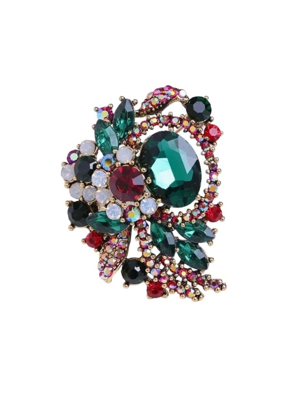 Rhinestone Crystal Brooch Pin Green & Red Floral Design Christmas